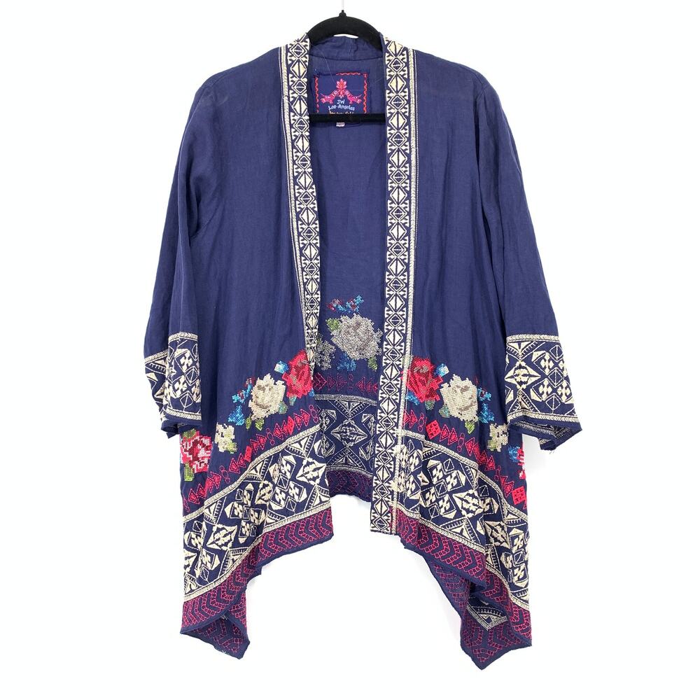 Johnny Was Womens L Navy Embroidered Floral Open Front Cardigan Kimono Boho